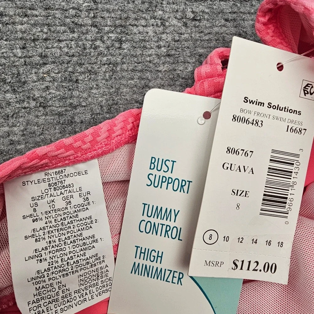 Swim Solutions Swim Dress Womens 8 Guava Pink Bow Front Tummy Control New - Picture 11 of 11